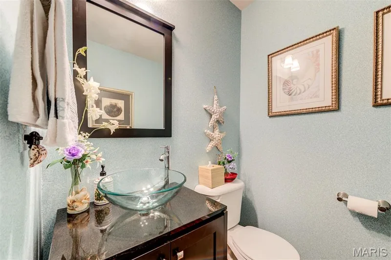 Dark wood-finish vanity with a vessel sink, single-handle faucet, and framed mirror — 820 Brookmead Drive, O'Fallon, MO 63366