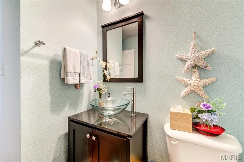 Dark wood vanity with a glass vessel sink, chrome faucet, and rectangular mirror — 820 Brookmead Drive, O'Fallon, MO 63366