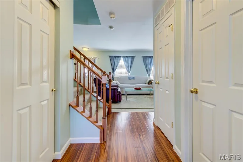 Hardwood-finish flooring, paneled interior doors, and a wood staircase with carpeted treads — 820 Brookmead Drive, O'Fallon, MO 63366