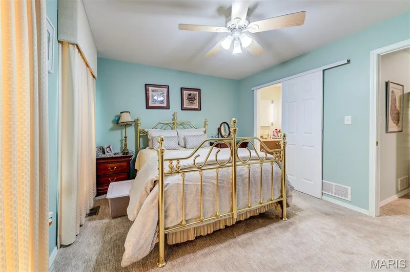 Ceiling fan light fixture, sliding closet doors, wall-to-wall carpeting, and wood trim molding — 820 Brookmead Drive, O'Fallon, MO 63366