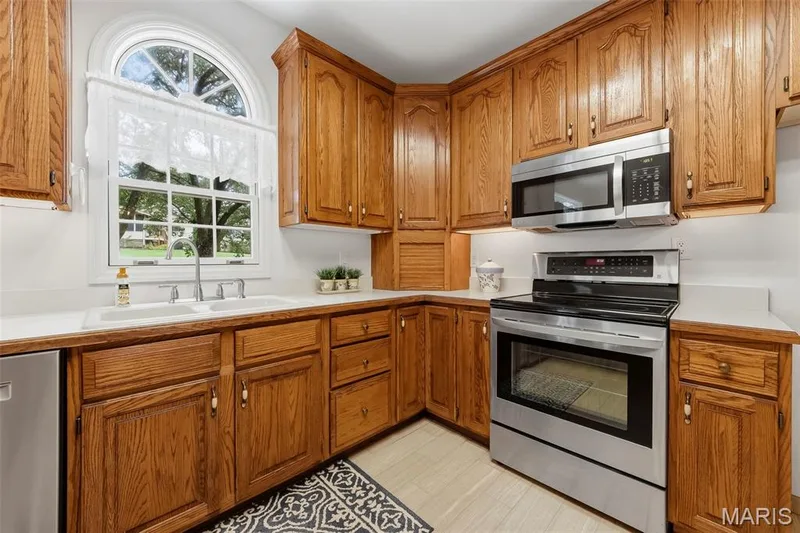 Wood cabinetry with ample storage, stainless steel appliances, dual basin sink, integrated dishwasher, and a large arched window — 11 Silver Leaf Court, Lake St. Louis, MO 63367