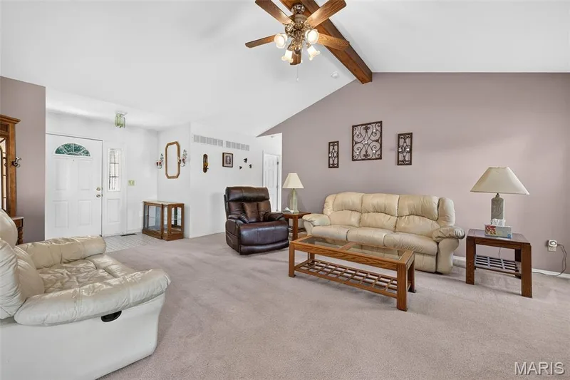View of the Vaulted Ceiling with Beam, and Ceiling Fan — 1436 Snowbird Lane, O'Fallon, MO 63366