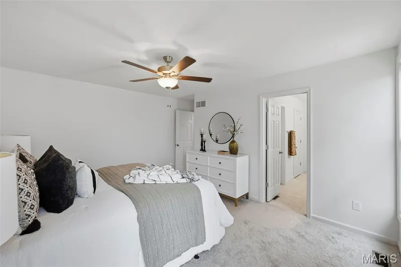 Recessed lighting, ceiling fan with light fixture, white interior doors, and light-toned carpeting — 9023 Wilkie Station Street, St Charles, MO 63301