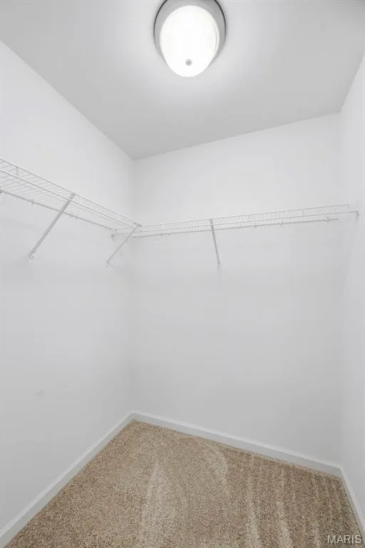 Recessed ceiling light fixture, white wire shelving, and textured carpet flooring — 9023 Wilkie Station Street, St Charles, MO 63301