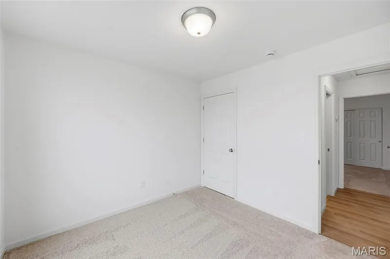 Plush carpet flooring, white painted walls, ceiling-mounted light fixture, and a solid interior door — 9023 Wilkie Station Street, St Charles, MO 63301
