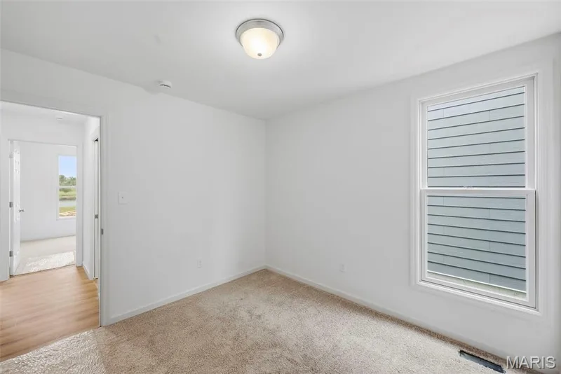 Carpeted room with white walls, a single window, and an overhead light fixture — 9023 Wilkie Station Street, St Charles, MO 63301