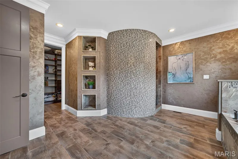 Mosaic tile curved shower accent wall and dual closets with built in organization — 2000 Diehr Road, Wentzville, MO 63385