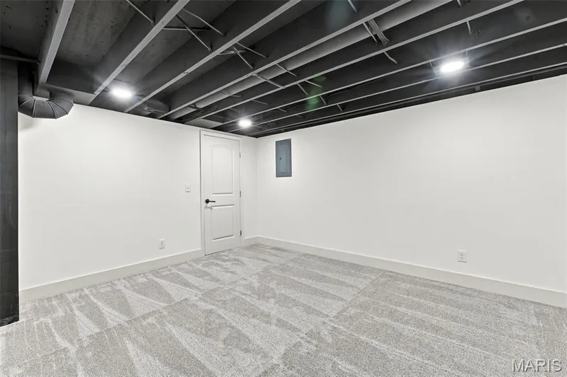 Perfect Home office or Guest Area Painted exposed ceiling joists, recessed lighting, white walls, and gray patterned carpeting — 621 Claymont Estates Drive, Chesterfield, MO 63017