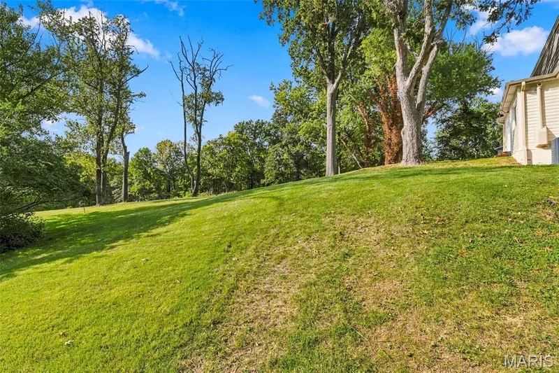 Expansive gentle slope to walkout side yard plenty of open lawn space and some mature trees for privacy — 621 Claymont Estates Drive, Chesterfield, MO 63017