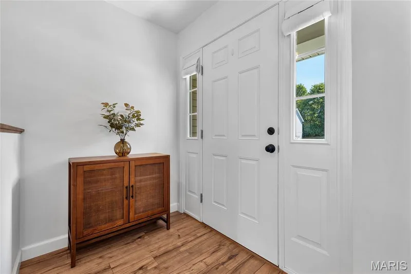 White paneled entry door with sidelights, wood-finish flooring, and crisp white walls — 5507 Dressel Drive, Cottleville, MO 63304