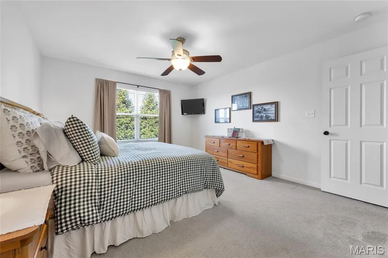 Wall-mounted television, ceiling fan with light fixture, six-panel interior door with black hardware, and an expansive window with natural light — 5507 Dressel Drive, Cottleville, MO 63304