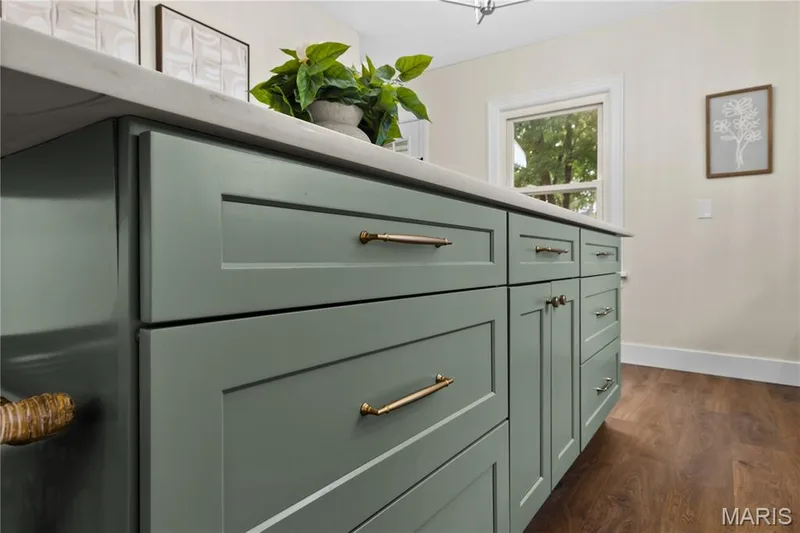 Shaker-style cabinetry with brass-finish hardware, light-toned countertop, and wood-finish flooring — 924 N Benton Avenue, St Charles, MO 63301
