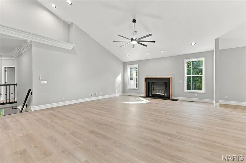 Vaulted ceiling with recessed lighting and a contemporary ceiling fan — 1580 Madre Drive, Foristell, MO 63348