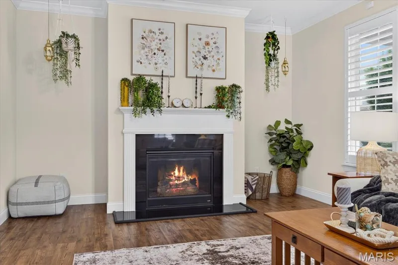 Fireplace with black surround, white mantel, and hearth — 3708 Broad Street, St Charles, MO 63301