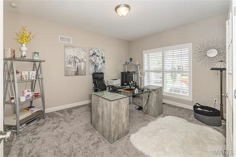 Plush carpeting, neutral wall colors, and a window with plantation shutters — 1229 Cashmere Lane, St Peters, MO 63376
