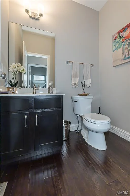 Vanity with dark cabinetry and a light-toned countertop, large wall mirror, and wood-finish flooring — 1229 Cashmere Lane, St Peters, MO 63376