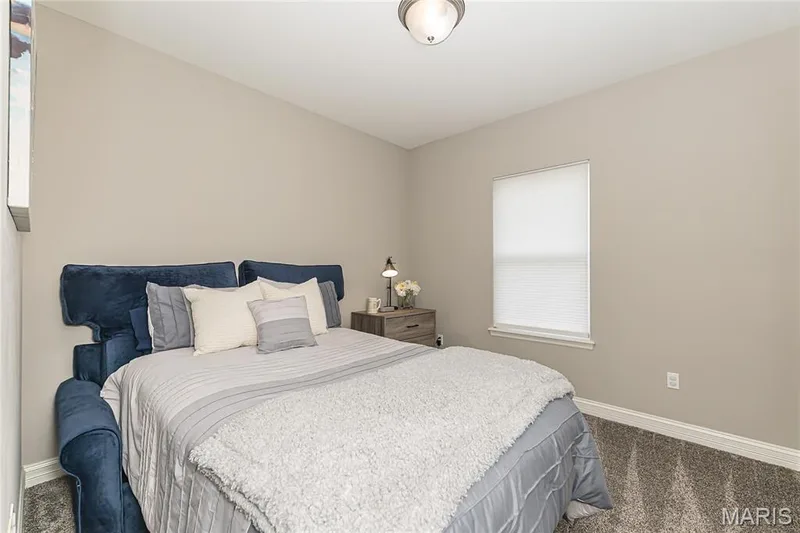 Neutral wall paint, ceiling-mounted light fixture, window with privacy blind, and carpeted flooring — 1229 Cashmere Lane, St Peters, MO 63376