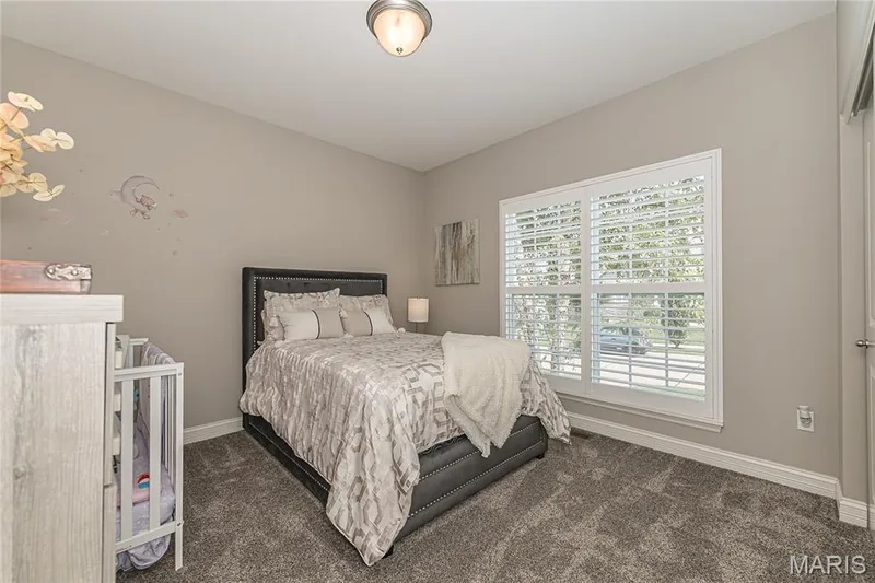 Wall-to-wall carpeting, window with white plantation shutters, and a semi-flush mount ceiling light — 1229 Cashmere Lane, St Peters, MO 63376