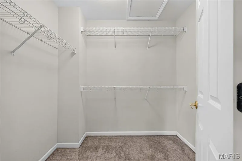 Walk-in closet with wire shelving, carpet flooring, and a paneled door — 20 Autumn Ridge Drive #83B, O'Fallon, MO 63366
