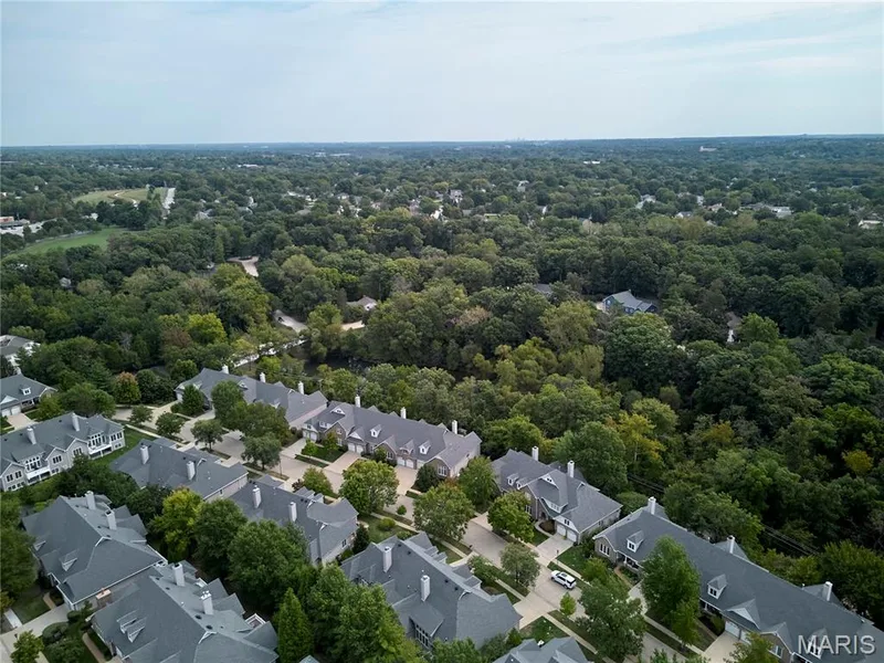 Residential neighborhood featuring uniform gray roofs, extensive tree canopy, and a distant expanse of sky — 1970 Chesterfield Ridge Circle, Chesterfield, MO 63017
