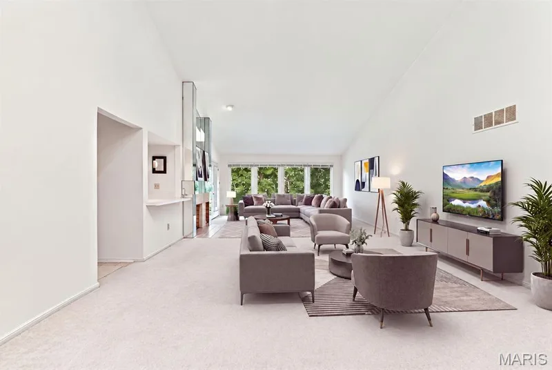 Soaring Vaulted ceiling, Skylight, recessed lighting, kitchen pass-through wet bar, fireplace (virtual) — 14033 Baywood Villages Drive, Chesterfield, MO 63017