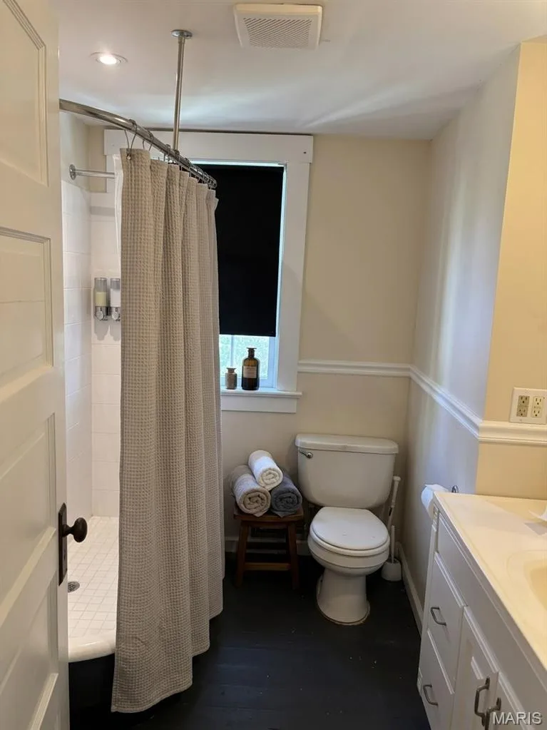 Bathroom featuring a white vanity cabinet with a integrated sink, dark-toned flooring, wall-mounted wainscoting, and a shower with a chrome ceiling-mounted rod — 411 Adams Street, St Charles, MO 63301