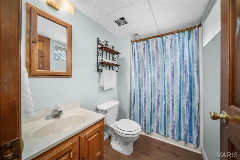 Wood-finish flooring bathroom with a built-in wood vanity and integrated sink — 355 Birmingham Drive, O'Fallon, MO 63366