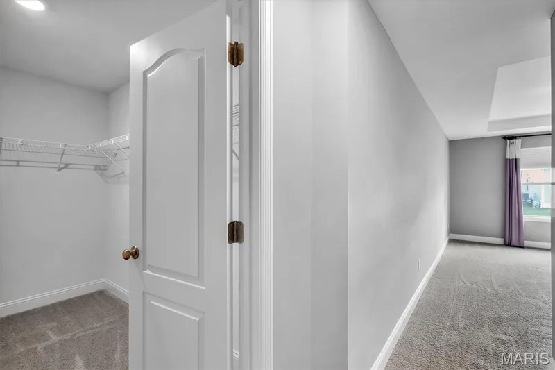 White paneled door with brass hardware, wire shelving, and carpeting — 332 Mystic Brook Drive, O'Fallon, MO 63366