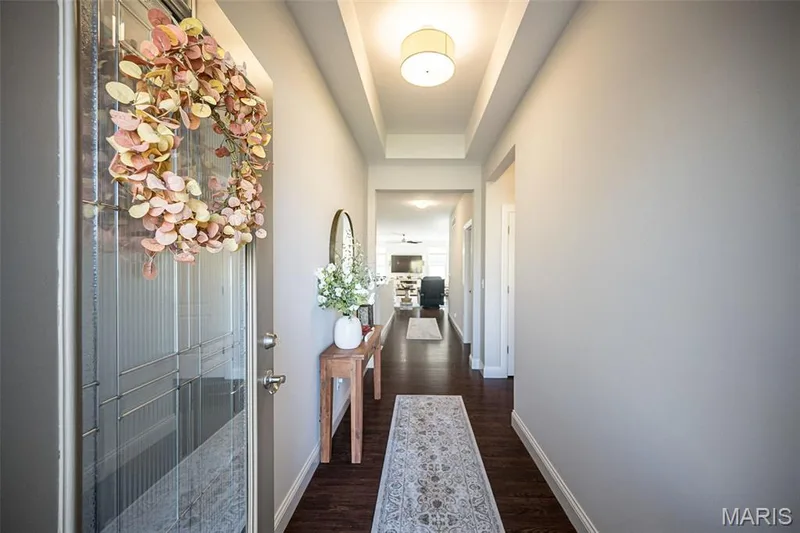 Entryway featuring a decorative glass panel door, wood-finish flooring, and recessed tray ceiling with a flush-mount light fixture — 1509 Woodside Hills Drive, St Peters, MO 63376