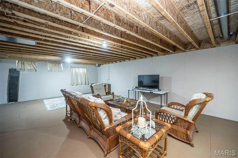 Exposed ceiling joists with visible electrical conduits and recessed lighting — 1509 Woodside Hills Drive, St Peters, MO 63376