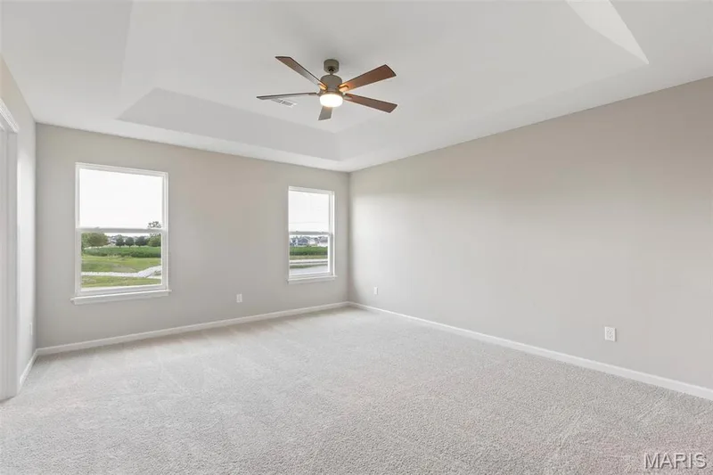 Empty room featuring a tray ceiling, light carpet, and plenty of natural light — 2 Burlington at Fairmount Grove, St Peters, MO 63376