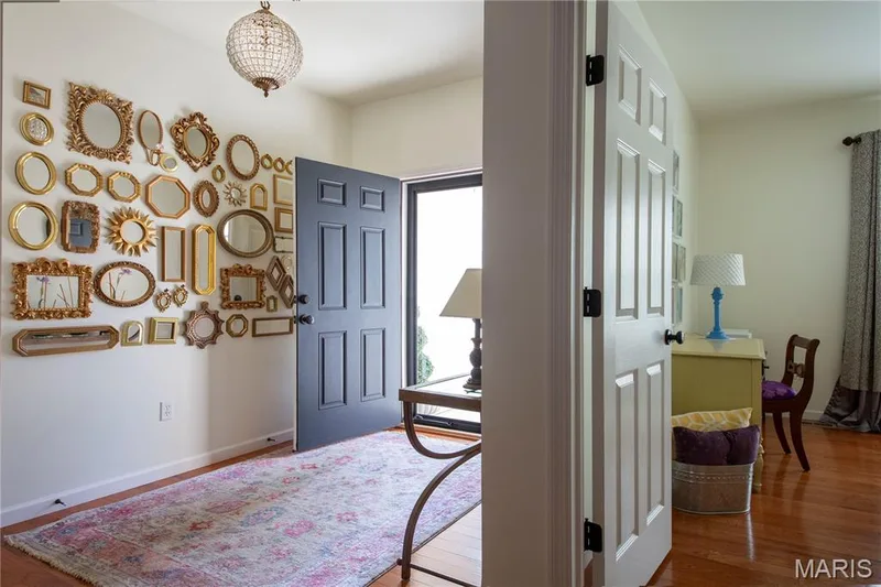 Recessed entry featuring a dark-paneled door, hard wood flooring, and an overhead light fixture — 149 Amiot Court, Chesterfield, MO 63146