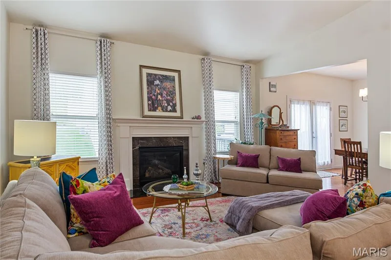 Living area with a fireplace featuring a white mantel and dark stone surround — 149 Amiot Court, Chesterfield, MO 63146