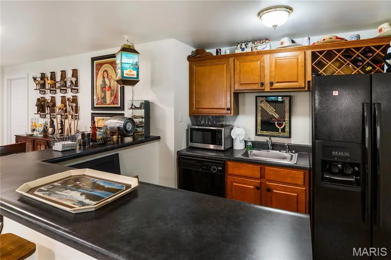 Built-in wet bar featuring a black countertop, wood cabinetry, stainless steel sink, — 149 Amiot Court, Chesterfield, MO 63146
