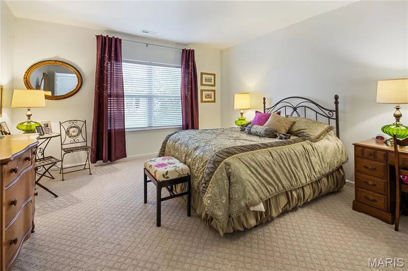 Wall-to-wall patterned carpeting, neutral wall color, and a window with blinds and drapery rods — 149 Amiot Court, Chesterfield, MO 63146