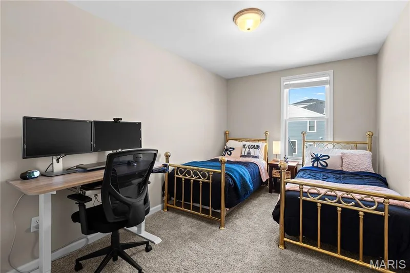 Neutral wall paint, carpeted flooring, a flush-mount ceiling light fixture, and a window with blinds — 200 Tiber Way, St Charles, MO 63301