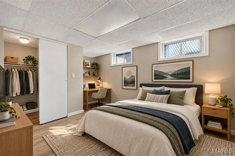 Light wood-finish flooring, two large windows with security bars, a built-in closet with sliding doors, and a suspended ceiling — 341 Westbrook Drive, O'Fallon, MO 63366