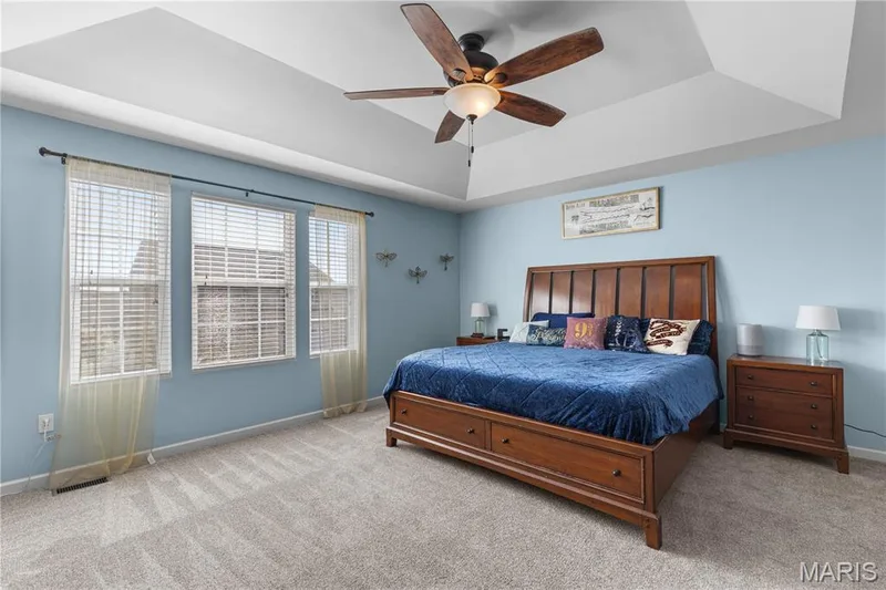 Primary bedroom with coffered ceiling, abundant natural light & room for your largest furniture! — 2542 Amber Willow Court, Lake St. Louis, MO 63367