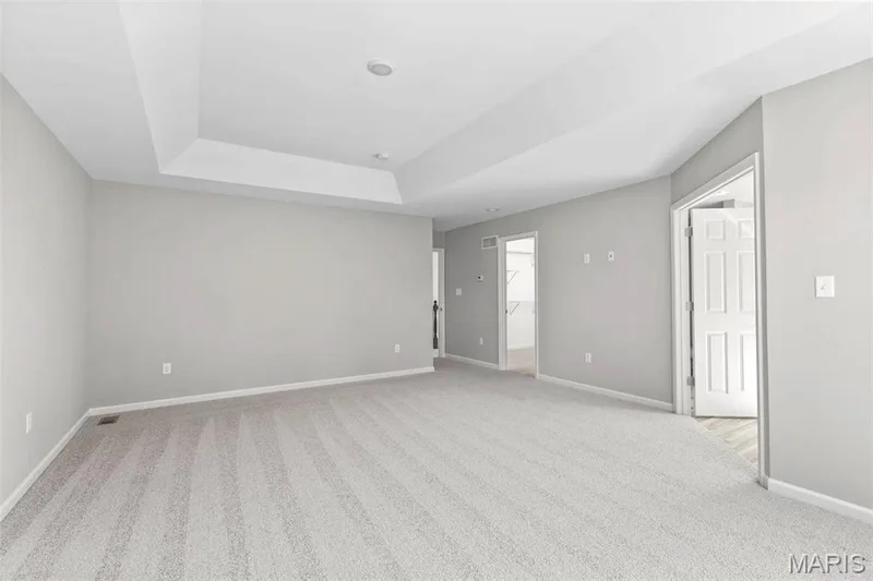 Spare room with a tray ceiling and light colored carpet — 2 Hermitage II at Elm Crossing, St Charles, MO 63301