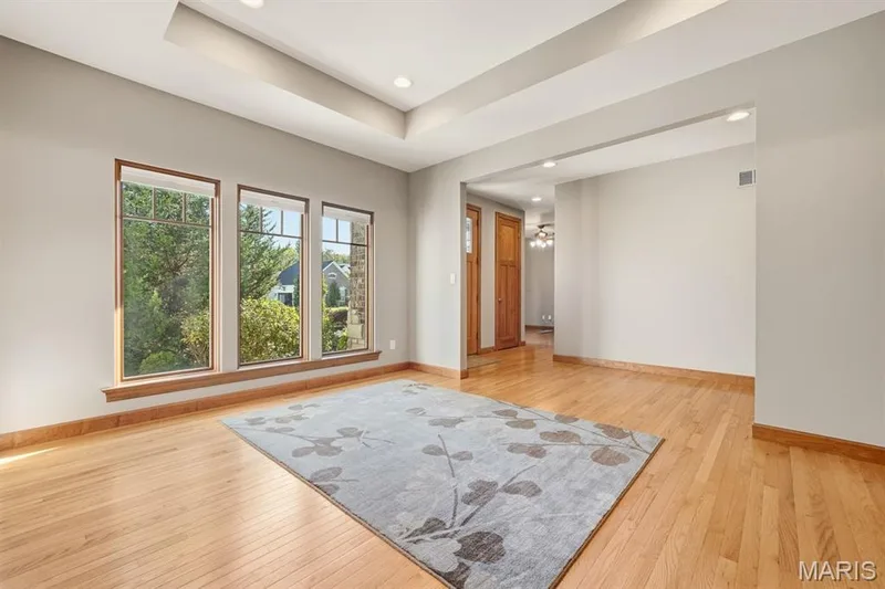 Roomy dining room with tray ceiling and hardwood floors — 117 Trail Creek Court, St Charles, MO 63304