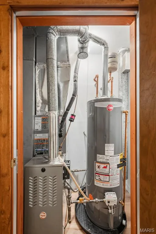 Utility closet featuring new water heater, furnace, and electrical panel — 1410 Heritage Landing #106, St Charles, MO 63303