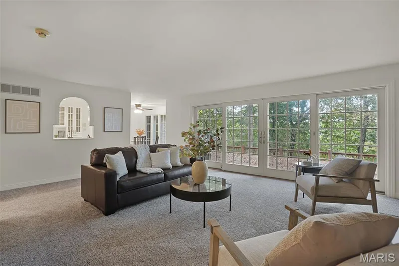 Living area featuring expansive multi-panel glass patio doors, wall-mounted arched display niche, and neutral wall-to-wall carpeting — 229 Quail Run Drive, Defiance, MO 63341