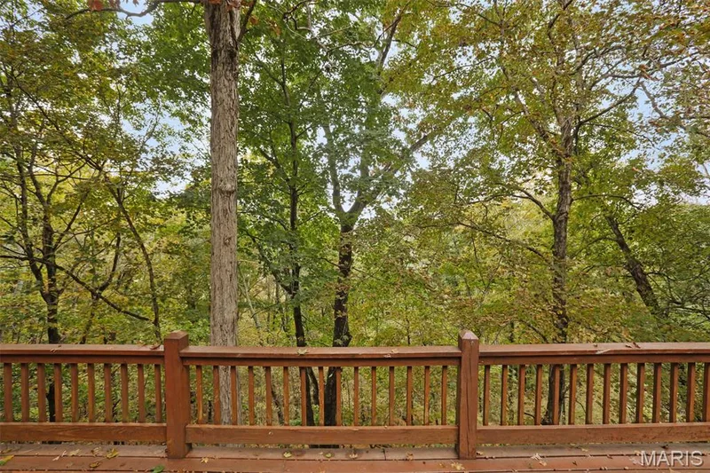 Elevated deck with wood-finish railing and mature tree canopy backdrop — 229 Quail Run Drive, Defiance, MO 63341