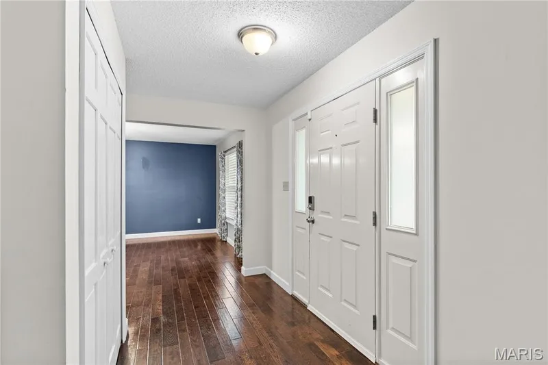 Entryway featuring wood-finish flooring, white panel door with glass sidelights, flush-mount lighting, and built-in closet — 838 Emerald Place Drive, St Charles, MO 63304
