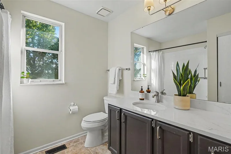 White single-pane window, flush-mount ceiling light, white vanity countertop, dark wood-finish vanity cabinetry, and a wall-mounted mirror — 11 Castlio Court, St Charles, MO 63304