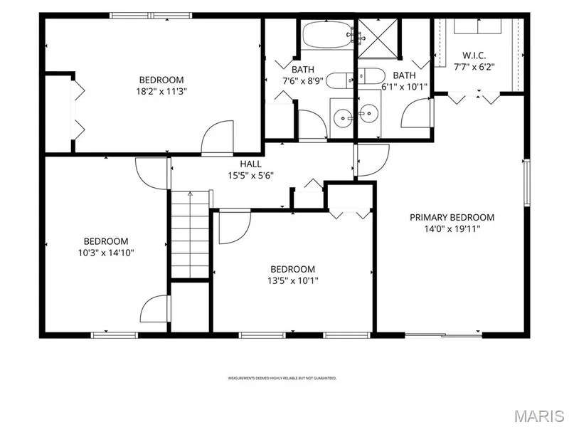 Upstairs/bedrooms floor plan.  Please note the generous size of two of the three, non primary bedrooms. — 3030 Woodlands, Wildwood, MO 63038