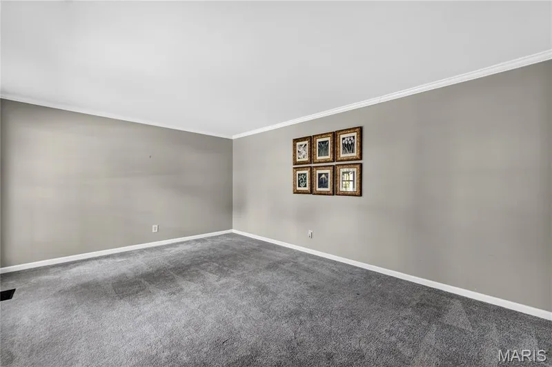 Neutral-toned walls paired with grey carpeting and crown molding detail — 15552 Chequer Drive, Chesterfield, MO 63017