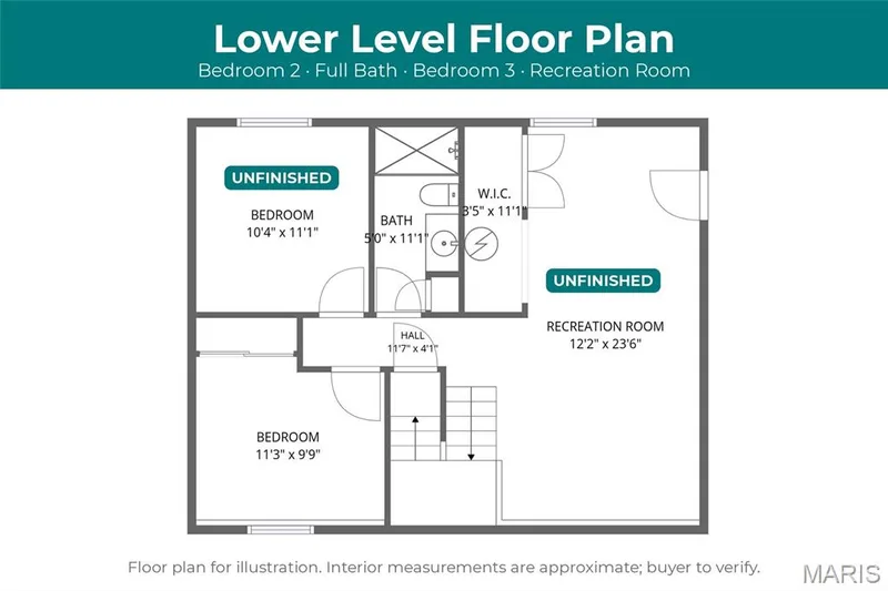 Lower level floor plan; Bedroom 3 and recreation room unfinished. Interior measurements approximate. — 510 Keeney Drive, St Charles, MO 63304