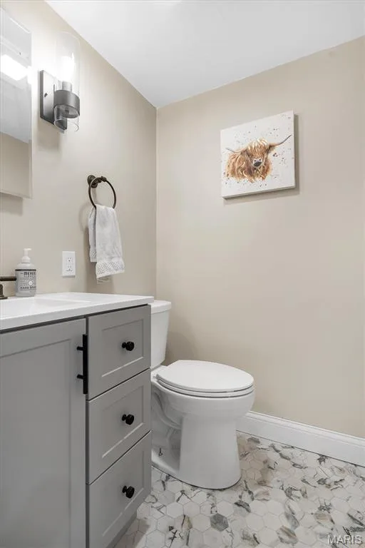 Grey shaker-style vanity with white countertop, matte black hardware, hexagonal mosaic tile flooring, and wall-mounted glass and metal light fixture — 1444 Eagle Ridge Road, Wildwood, MO 63038