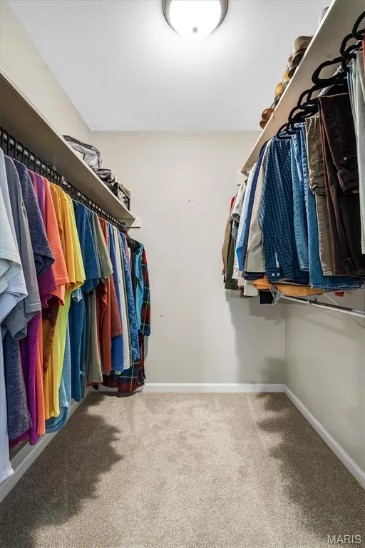 Walk-in closet featuring wall-to-wall carpeting, dual-tier shelving, and a mounted ceiling light fixture — 1444 Eagle Ridge Road, Wildwood, MO 63038
